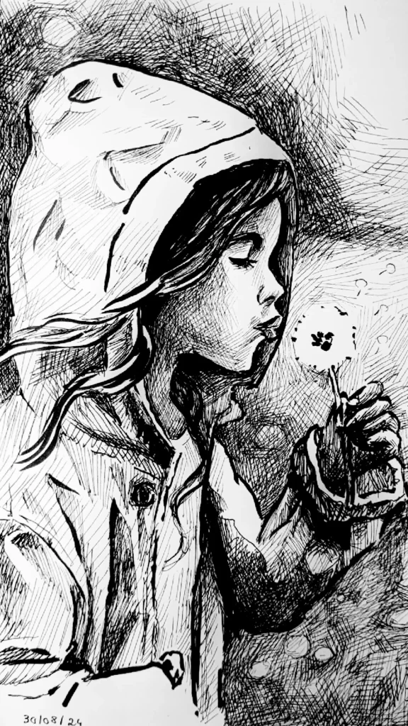 Dessin à l’encre : une fillette en bonnet souffle sur un pissenlit