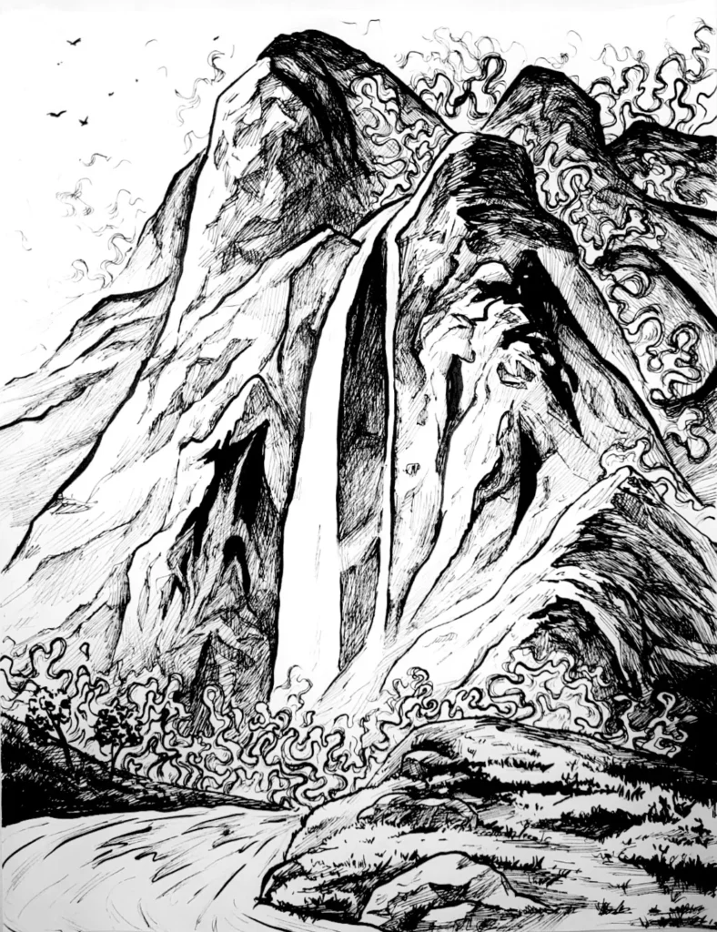 Dessin à l’encre : une cascade dévale une paroi de montagne sous des nuages en volutes