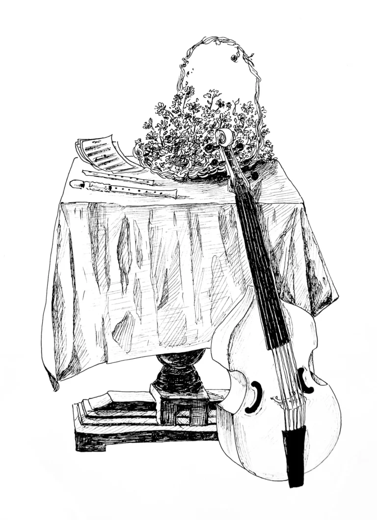 Dessin à l’encre : nature morte au violoncelle, partition et bouquet posés sur une table drapée