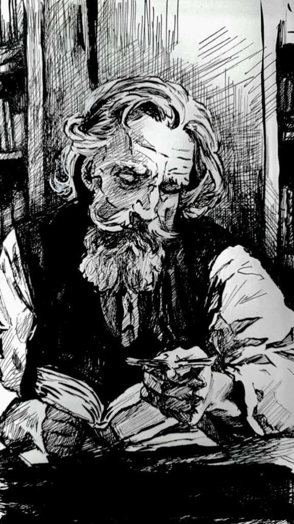 Dessin à l’encre : un vieil homme barbu écrit à la plume dans une bibliothèque sombre