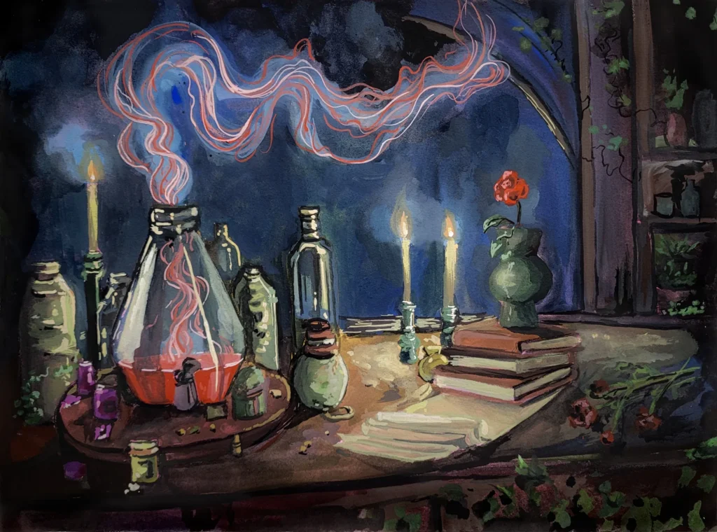 Illustration à la gouache : une table d’alchimiste éclairée à la bougie, fioles fumantes et vieux livres