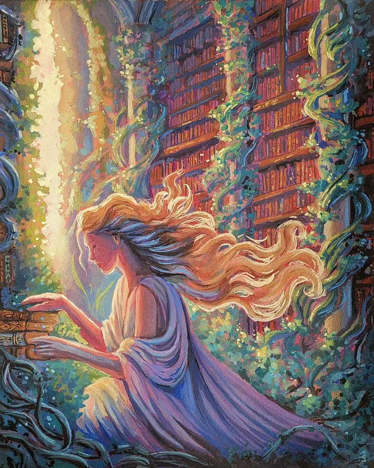 Gouache illustration: a woman with flowing golden hair in a library overgrown with ivy