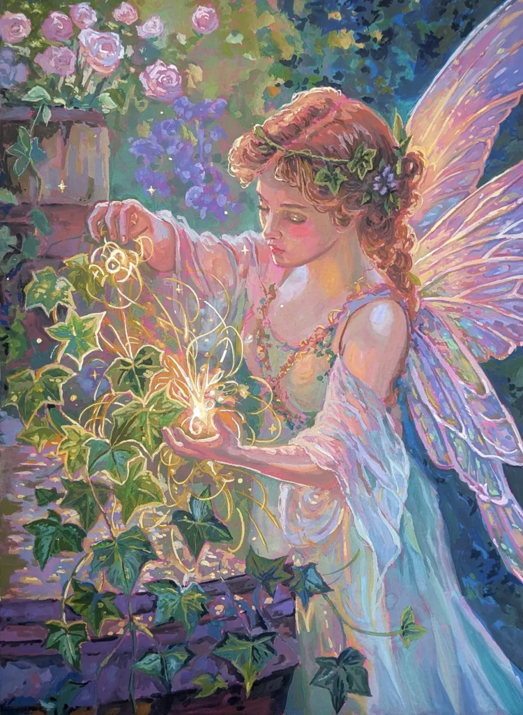 Illustration à la gouache : une fée éclaire une fleur de lierre au creux de sa main, dans un jardin de roses