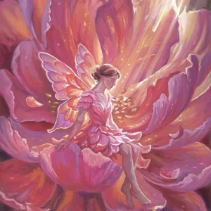 Illustration à la gouache : une fée assise au cœur d’une pivoine rose immense