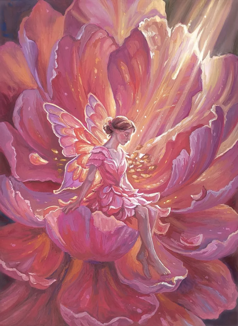 Illustration à la gouache : une fée assise au cœur d’une pivoine rose immense