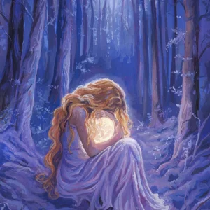 Illustration à la gouache : une femme aux longs cheveux serre une lune lumineuse dans une forêt d’hiver bleutée