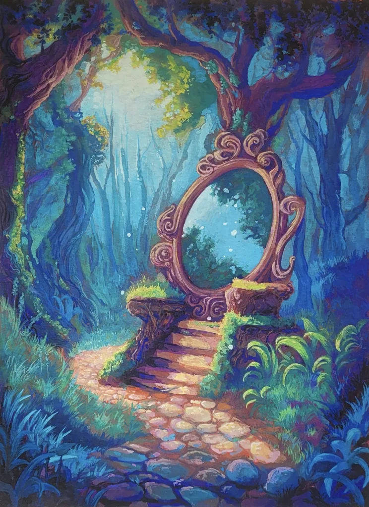Illustration à la gouache : un miroir ancien au sommet d’un escalier de pierre, dans une forêt enchantée