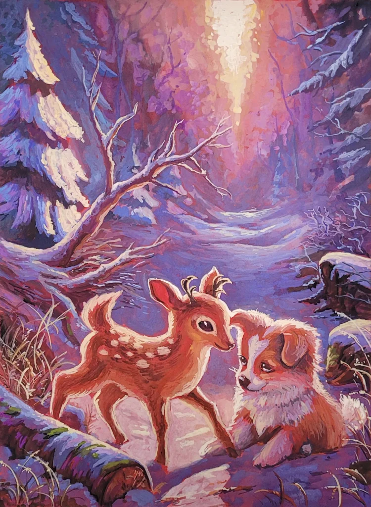 Illustration jeunesse : un faon et un chiot se rencontrent dans une forêt enneigée aux teintes violettes