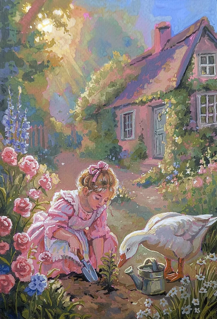 Children’s illustration: a little girl plants a seedling in a rose garden, watched by a white goose