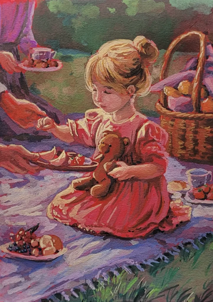 Children’s illustration: a little girl in a pink dress holds her teddy bear during a picnic