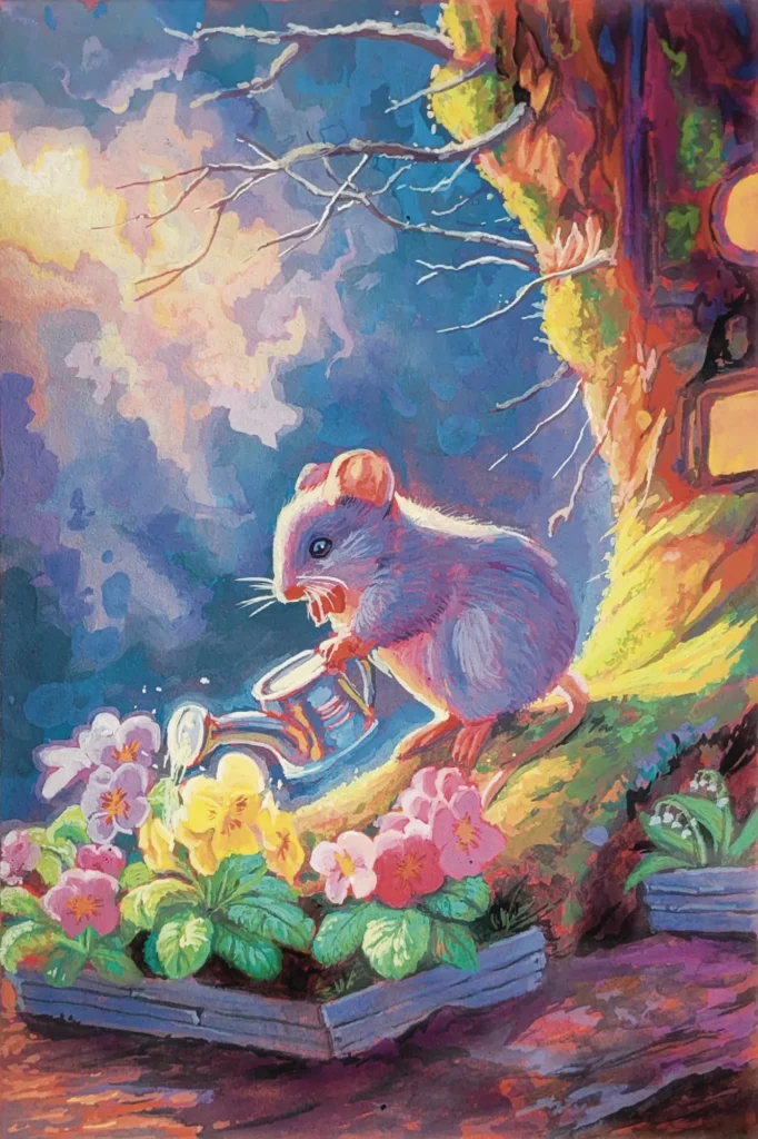Children’s illustration: a mouse waters primroses outside her home carved into a tree