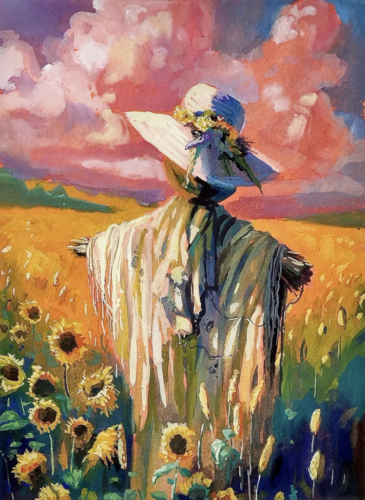 Peinture d’un épouvantail coiffé d’un chapeau fleuri dans un champ de tournesols, réalisée sur commande
